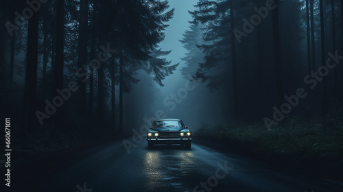 Car parked in middle of road in foggy moody forest during blue hour (ID: 660671011)