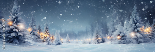 Weihnachten Hintergrund. Weihnachtsbaum mit Schnee verziert mit Lichterkette, Urlaub festlicher Hintergrund. Widescreen Rahmen Hintergrund. Neujahr Winter Art Design, Weihnachtsszene Breitbild photo