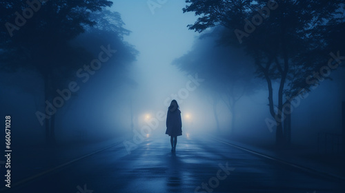 woman walking alone down foggy road at blue hour (ID: 660671028)