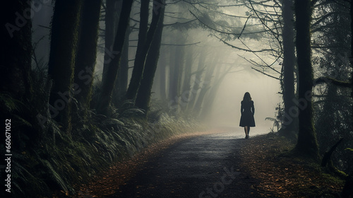woman walking alone down foggy road at blue hour (ID: 660671052)