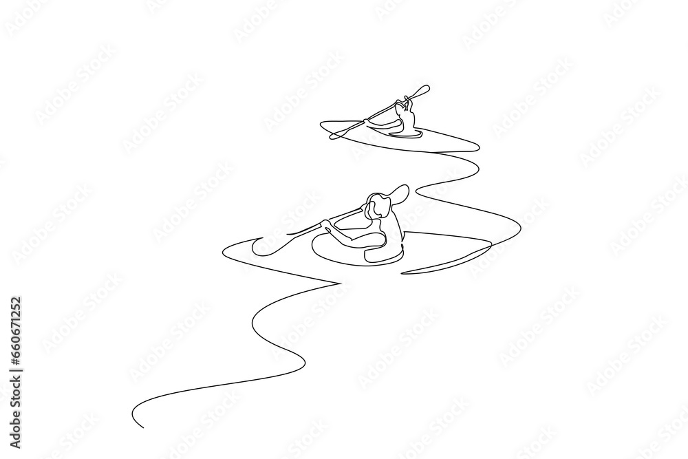Obraz premium two people friends canoe boat kayak water sport lifestyle line art design