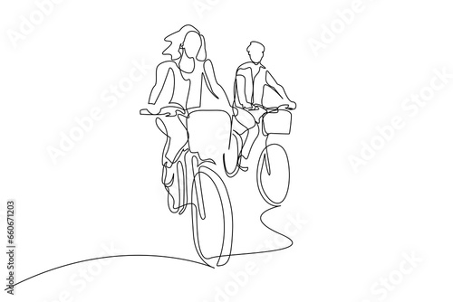 woman man two lovers friends couple riding bikes outside together happy moments flirt line art design