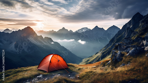 Tourist camp in the mountains  tent in the foreground