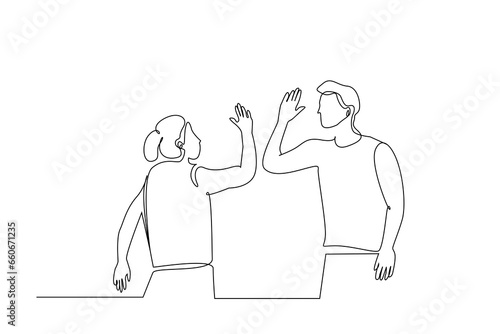 man woman business people teamwork success hands five shake agreement business life line art design