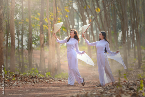 Two women in in traditional Vietnamese tunic dresses (ao dai) and hats (non la) walking in a forest, Vietnam photo