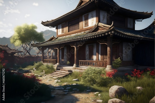 Ancient Chinese farmhouse with breeze and sunshineFarmhouse scenery summer Lingnantwo point perspective wide angleephoto style High detail masterpiece ray tracing extremely detailed realistic 