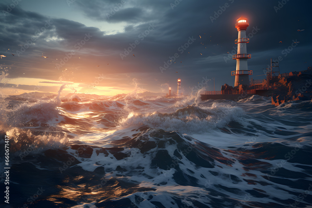 a large body of water with a lighthouse