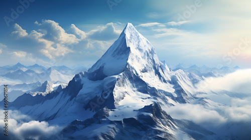 majestic snowy mountain peak towering above the clouds, its pristine white slopes contrasting against the deep blue sky