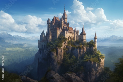 A picturesque mountain castle surrounded by rocks, trees, and a road, with a magnificent blue royal castle adorned with towers and windows, set in a magical medieval fantasy realm. Generative AI