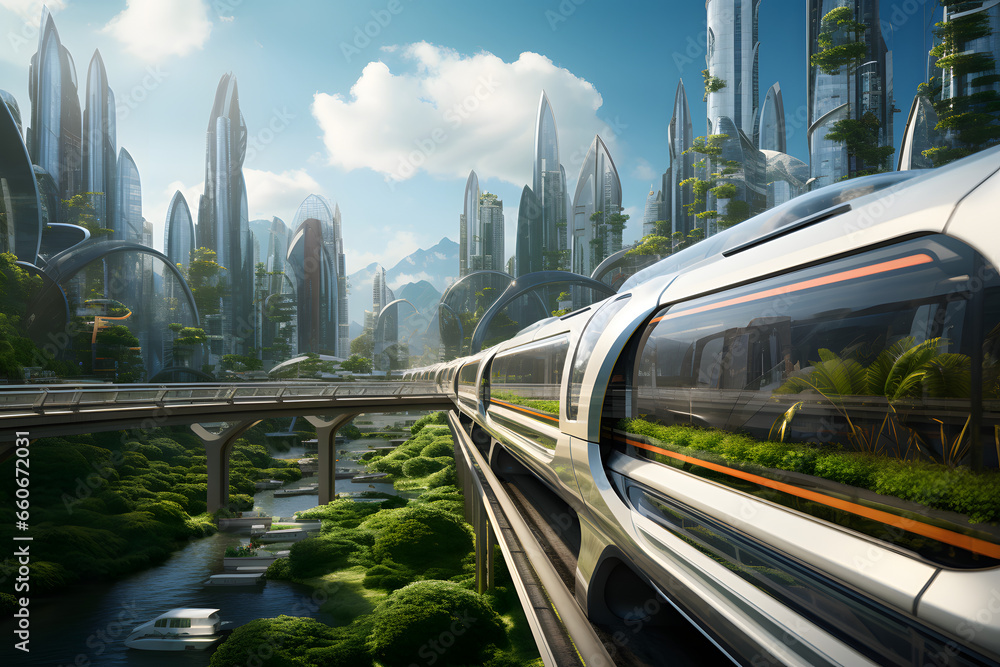 Fototapeta premium a train on a train track in the middle of a city