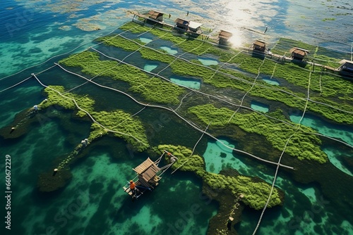 Aerial perspective of seaweed cultivation in Nusa Lembongan, Bali's aquaculture, Indonesia. Generative AI photo