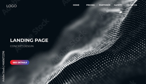 Abstract landing page background with white particles. Flow wave with dot landscape. Digital data structure. Future mesh or sound grid. Pattern point visualization. Technology vector illustration.