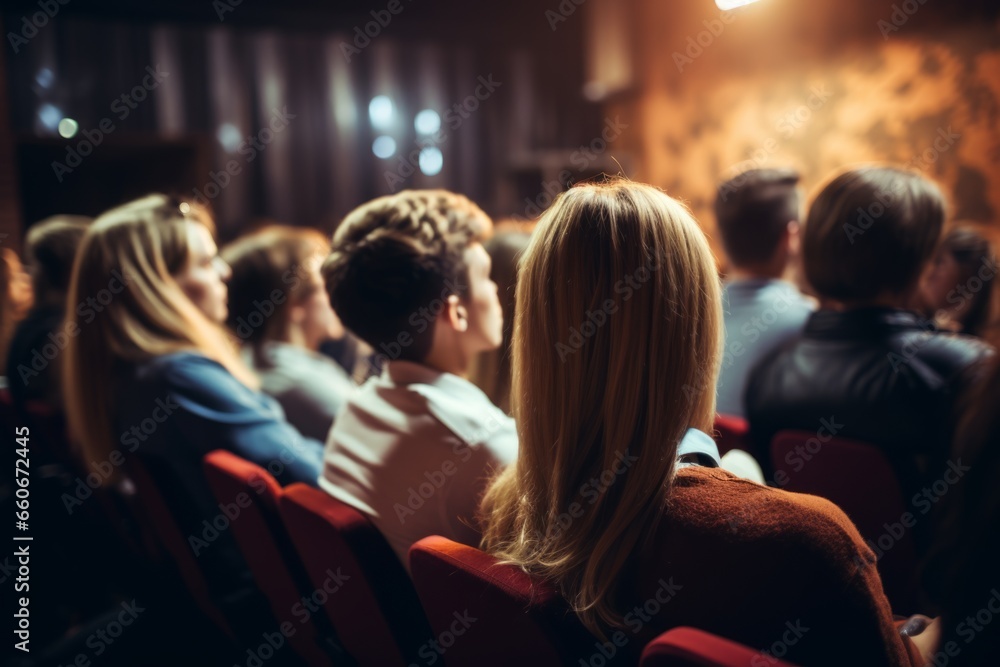 Diverse group backs of young people sitting outdoors man woman students listening speaker watching presentation conference cinema concert. Business education learning study entrepreneurship audience