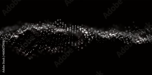 Wave of white particles. Abstract technology flow background. Sound mesh pattern or grid landscape. Digital data structure consist dot elements. Future vector illustration.