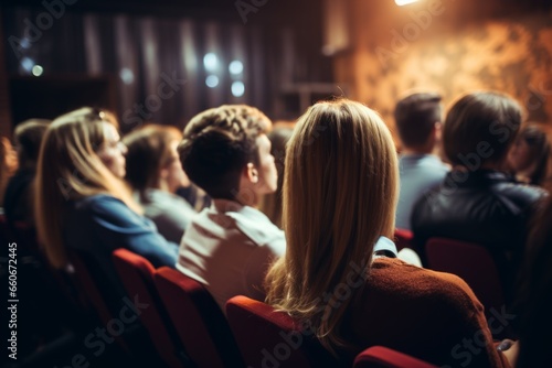 Diverse group backs of young people sitting outdoors man woman students listening speaker watching presentation conference cinema concert. Business education learning study entrepreneurship audience