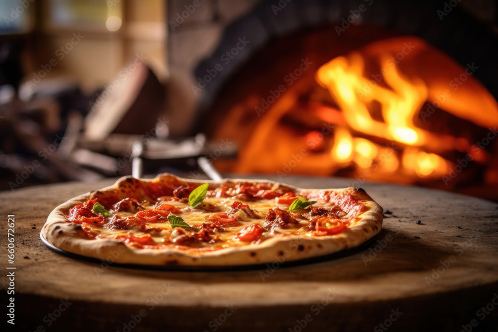 A delicious, hot, Italian pizza in front of a charcoal oven with a burning fire. - obrazy, fototapety, plakaty 