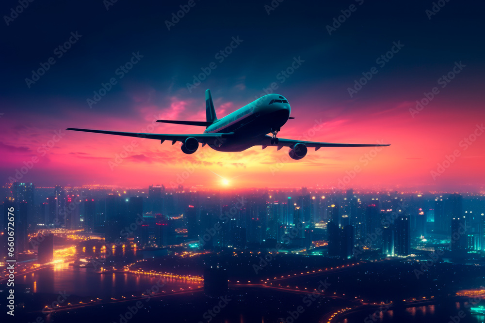 Ilustración de avión sobrevolando la ciudad en el atardecer. Vista panorámica de ciudad con avión volando en el cielo. Ilustración de avión sobrevolando la ciudad en el atardecer. Vista panorámica de ciudad con avión volando en el cielo.