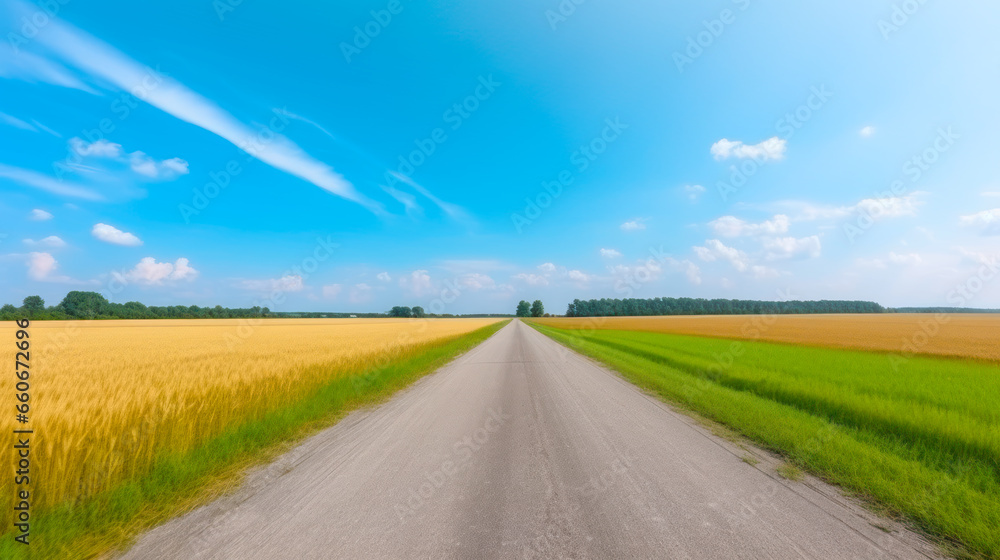 Camino de tierra en medio del campo. Campo de trigo con carretera de tierra.