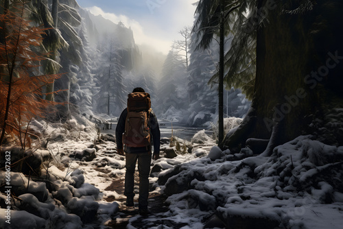 a man standing in the snow next to some trees