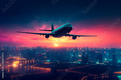 Ilustración de avión sobrevolando la ciudad en el atardecer. Vista panorámica de ciudad con avión volando en el cielo.