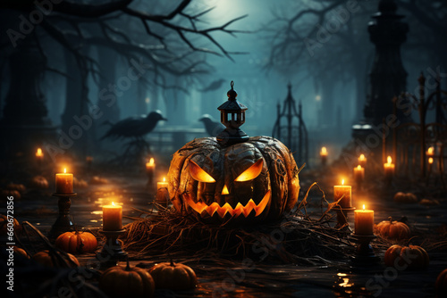 Eerie Halloween Scenes: Glowing Pumpkin Lanterns, Moonlit Mystic Forests, Graveyard with Spooky Pumpkins, & Atmospheric Haunting Backdrops. Ai Generative