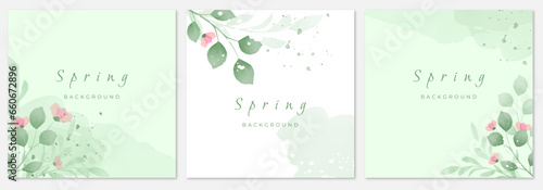 Collection of green abstract trendy square templates in minimalist style with watercolor elements and space for text. Vector illustrations for social media posts and stories, invitations, banners.