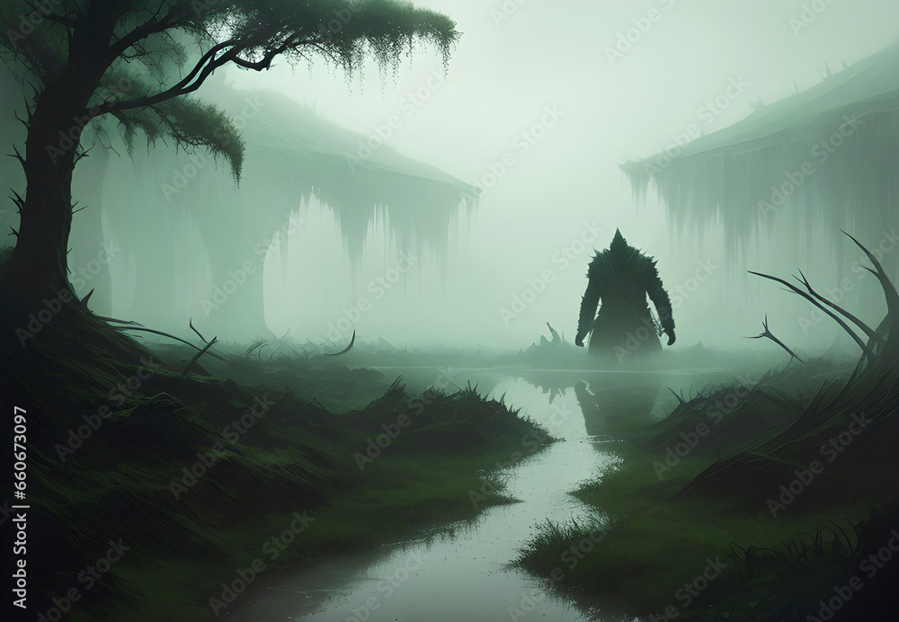 Swamp monster silhouette in armor walking down the swamp in dark green misty gloomy forest. Generative AI art illustration. - obrazy, fototapety, plakaty 