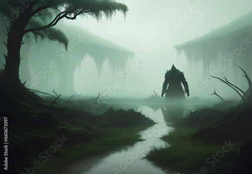 Swamp monster silhouette in armor walking down the swamp in dark green misty gloomy forest. Generative AI art illustration.