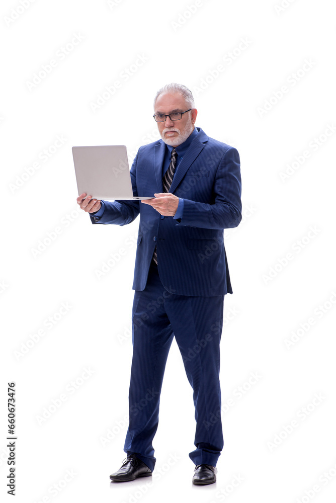 Old businessman holding laptop isolated on white Old businessman holding laptop isolated on white