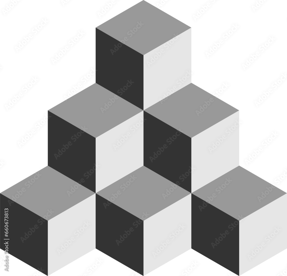 Basic Geometrical Arrangement with Greyscale Monochrome Solid Box Cube Icon in 3D Perspective View. Vector Image.