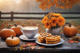 a cup of hot latte and waffers and pumpkins on an old wooden table in a garden, beautiful autumn nature at sunset as background, decoration for Halloween holiday