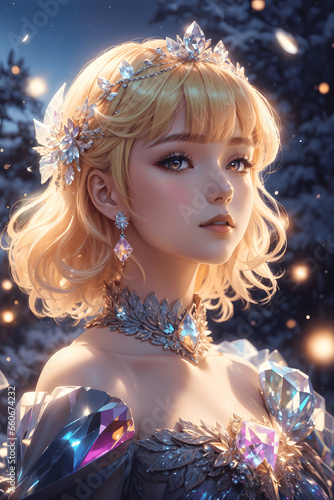Princess of Snowfall, Korean Beauty in Rainbow Off-Shoulder Dress