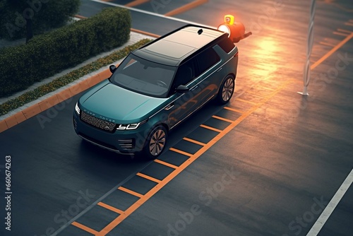 An autonomous SUV parallel parks at a roadside parking lot using an intelligent parking assist system. Left-hand traffic scene. 3D rendered image. Generative AI