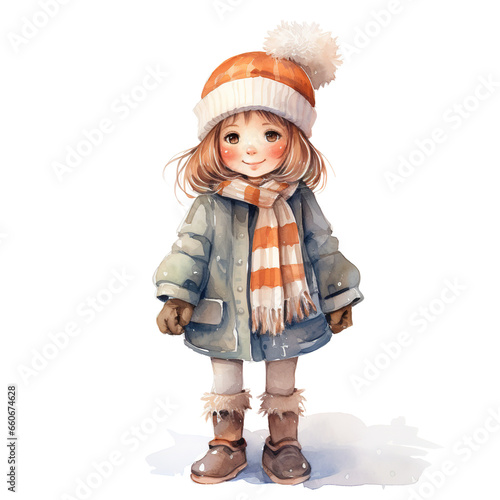 Girl Wearing Winter Clothes For Christmas Event. Watercolor Style. AI Generated