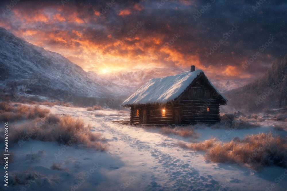 an old hut against the background of hard nature in winter, blizzard, dramatic sky and snowy mountains, forest, beautiful landscape an old hut against the background of hard nature in winter, blizzard, dramatic sky and snowy mountains, forest, beautiful landscape