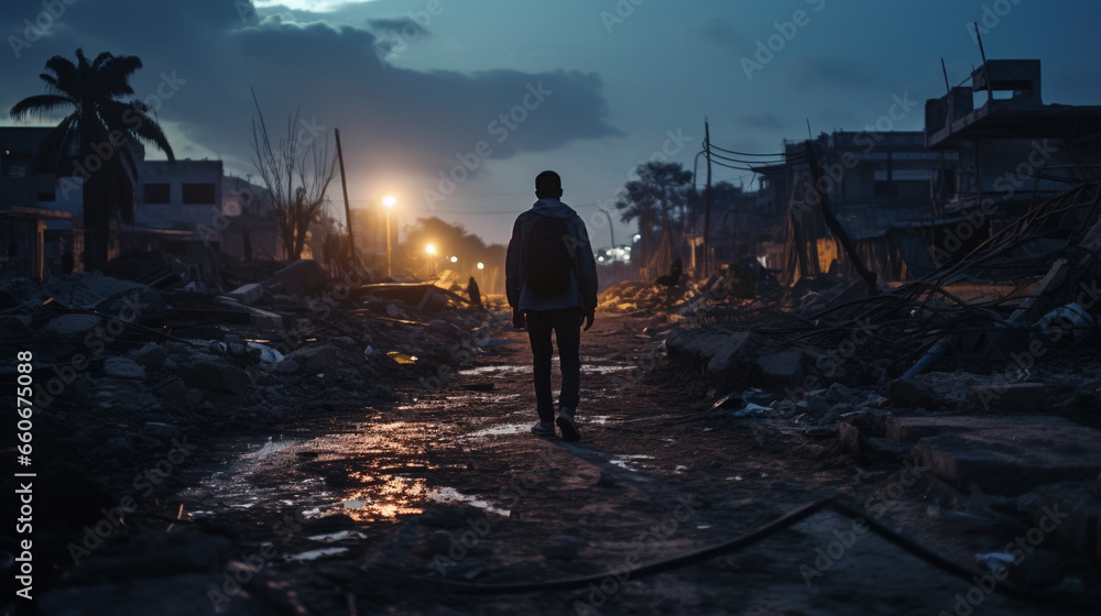 Fototapeta premium Strength in Adversity: Man Confronting Urban Tragedy after earthquake, Generative AI