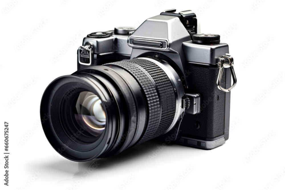 big professional modern photo camera, png file of isolated cutout object with shadow on transparent background.