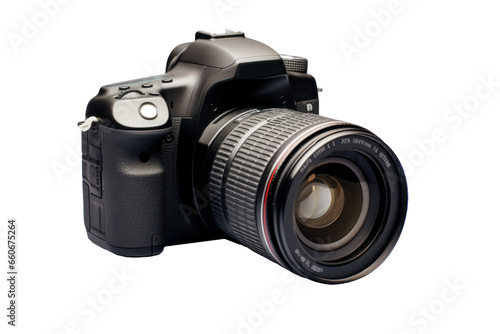 big professional modern photo camera, png file of isolated cutout object with shadow on transparent background.