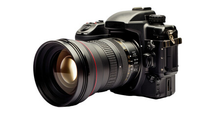 big professional modern photo camera, png file of isolated cutout object with shadow on transparent background.