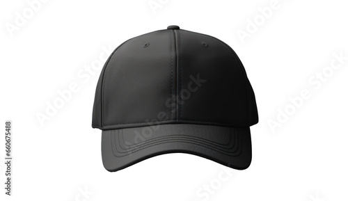 black baseball cap mockup front view, png file of isolated cutout object with shadow on transparent background.
