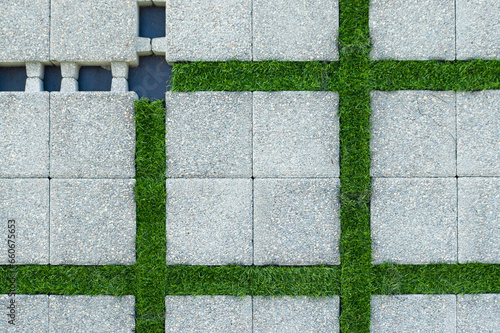 decorative paving slabs with green grass stripes