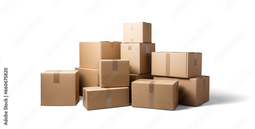 cardboard box warehouse mockup, png file of isolated cutout object with shadow on transparent background.