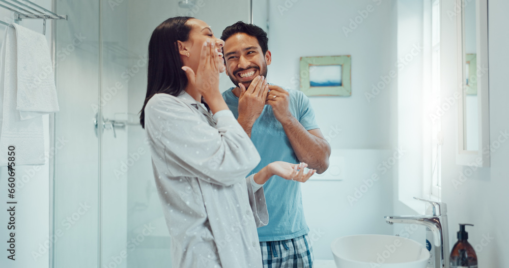 Couple, bathroom and cleaning face for skincare, routine and comic joke ...