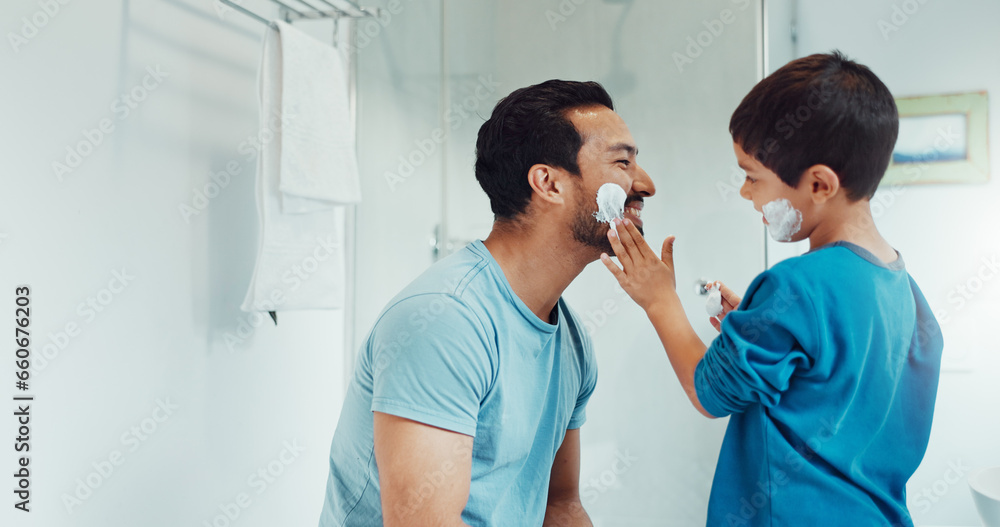 Father, child and learning with shaving cream or teaching a boy a skincare, morning beauty routine and grooming in the bathroom. Shave together, son and dad helping with foam, razor and skin care Father, child and learning with shaving cream or teaching a boy a skincare, morning beauty routine and grooming in the bathroom. Shave together, son and dad helping with foam, razor and skin care