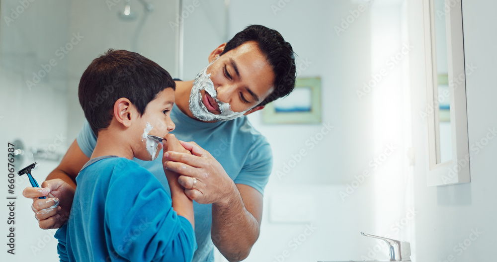 Fototapeta premium Shaving cream, child and father teaching in bathroom, family home or boy learning morning skincare, beauty and grooming routine. Shave together, son and dad helping with foam, razor and skin care