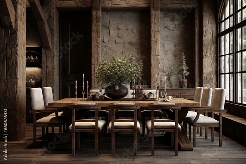 Rustic dining room interior design. Generative AI