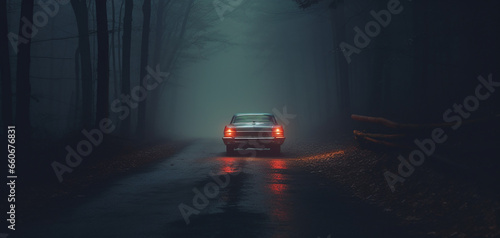 1970s car facing away from camera parked in middle of road in foggy moody forest during blue hour (ID: 660676831)