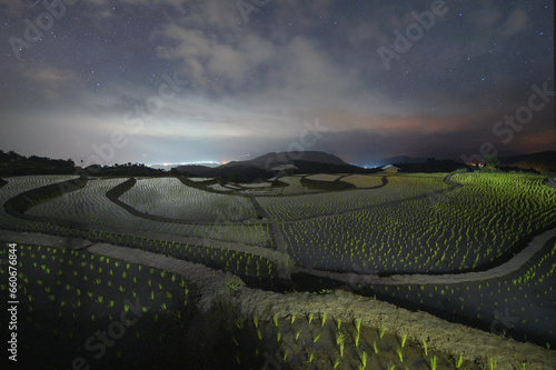 Aerial view of terraced paddy fields at sunset, Pa Pong Pieng, Chiang Mai, Thailand photo