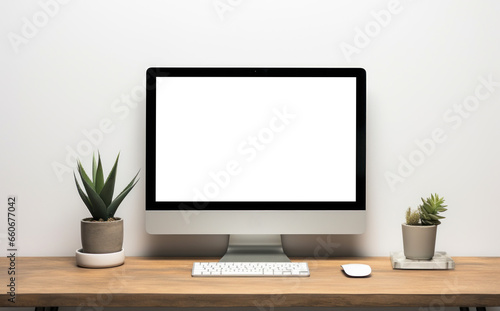 desktop computer screen mockup in office on table, png file of isolated cutout object with shadow on transparent background.