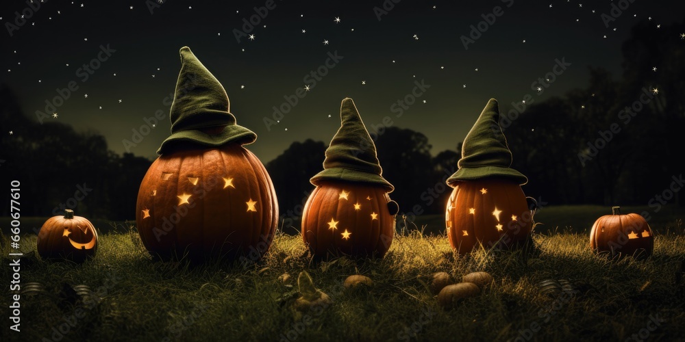 Fototapeta premium A group of mysterious pumpkins sitting on top of a grass-covered field. Generative AI.
